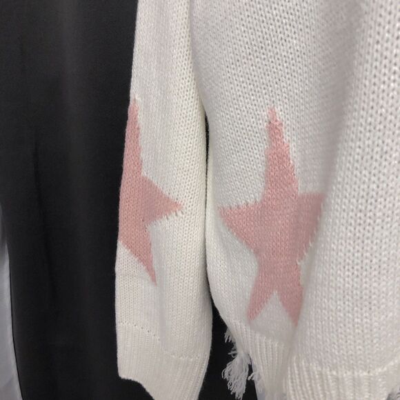 Sweet & Sinful Womens Large Cream Frayed Design Pink Stars Sweater L - Picture 11 of 16